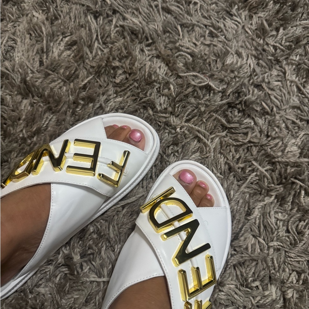 Fendi White Sandals with Gold Accents